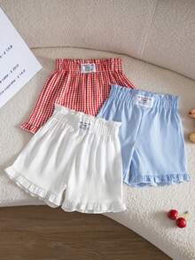 SHEIN Genkimix Kids 3件組女童幼兒韓系簡約英文標語裝飾荷葉邊短褲 紅色格紋、藍色條紋、白色組合 夏季休閒套裝 - 彩色 - 查看 4