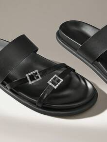 Solecia Women Shoes Women's Fashion Black Comfortable Flat Beach Sandals Women's Flat Sandals Summer - Black - View 3