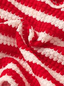 Souflis Souflis Young Girl Striped Textured Fabric Contrast Color 3D Bow Decor Round Neck Tank Top And Casual Shorts Set For Daily Outings - Red - View 4