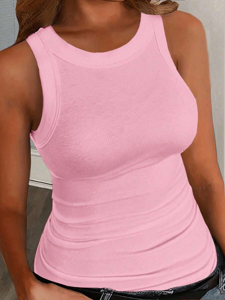Slaydiva Plus Size Casual Basic Slim Fit Pink Round Neck Off-Shoulder Tank Top-C Holiday Summer - Pink - View 1