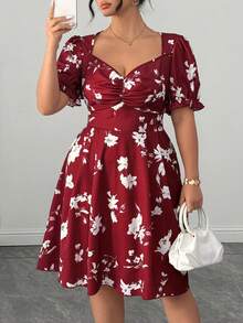 Elenzga Plus Size Women Elegant Front Pleated Waist Cinched Short Sleeve Dress - Burgundy - View 3