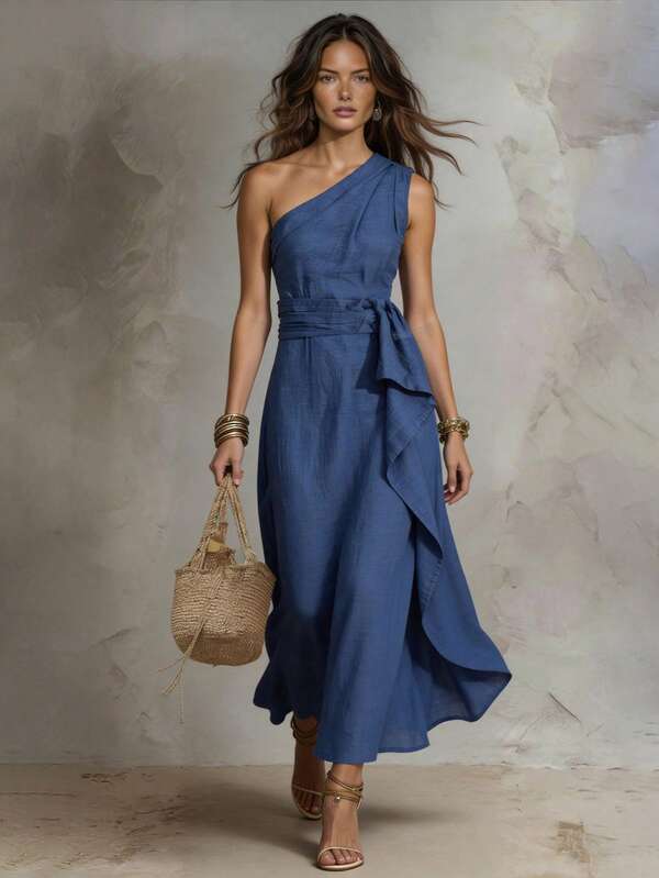 Solivie Women's Navy Blue Ruffle Trim Slit Design Casual Elegant Boho Party Vacation Tea Party Beach Banquet Vacation Holiday Vacation Dress Holiday Summer