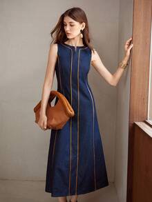 MOTF PREMIUM VESTIDO DE MEZCLILLA SIN MANGAS CON RIBETE DE CONTRASTE PARA MUJER - Azul - Ver 5