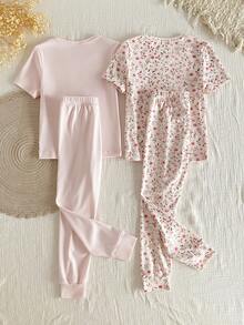 SHEIN 4件組女童幼兒簡約可愛粉色與杏色蝴蝶碎花高彈力羅紋面料圓領抽繩設計短袖與長褲舒適貼身居家服 - 粉色 - 查看 3