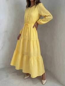 Yasmyna Women's Solid Color Long Sleeve Round Neck Bow Knot Button Arabian Dress Going Out - Yellow - View 6