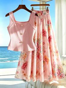 GlowEve Women's Light Pink Pink Floral Square Neck Cami Set Summer Single Breasted Fitted Top High Waist Printed Skirt Elegant Romantic Vacation Graduation - Multicolor - View 2