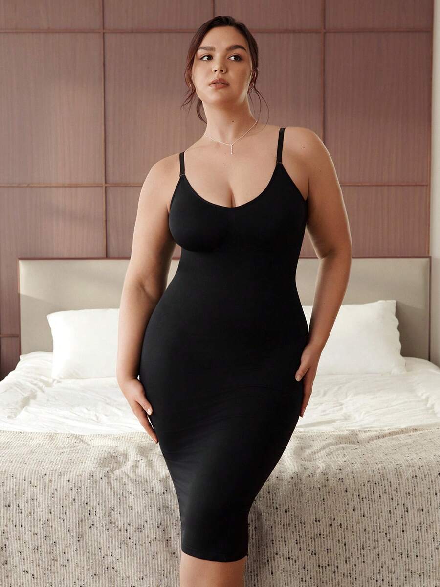 Slumbrini 一件大码女士塑身连体衣连衣裙，收腰设计，黑色无缝，收紧胸部、腹部和腰部，大码塑形连衣裙，全身睡衣