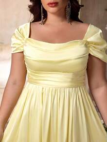 Aureia Plus Size Elegant Minimalist Regular Shoulder Ruched Waist Luxurious Satin Fitted Dress, Suitable For Weddings, Parties, Formal Events, Bridesmaid - Yellow - View 4