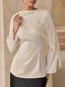 Graceveil Elegant Commuter Satin Lace Shawl Collar Long Sleeve Fitted Shirt - Apricot - View 4