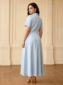 ZEYLAH Asymmetric Oblique Collar Short Sleeve Ruched Waist Dress - Sky Blue - View 3