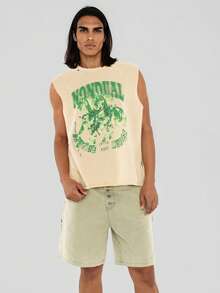 FORM&CHAOS Tank Top Pria Longgar Motif Grafis Kasual Street Wear dengan Hem Berumbai untuk Musim Panas dan Pantai, Warna Putih - Krem - View 5