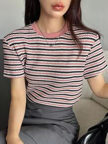 Dazy-Less 女士拼色格子短袖T恤老款夏季商务休闲女士工作服 - 粉色 - 查看 7