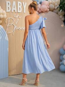 Loomaby Gaun Hamil Elegan Warna Polos dengan Lengan Ruffle Satu Bahu, Gaun Pengungkapan Jenis Kelamin Bayi, Gaun Hamil, Gaun untuk Acara Baby Shower - Biru - View 2