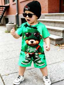 SHEIN Young Boy Round Neck Cartoon Print Short Sleeve T-Shirt And Shorts Casual Daily Set - Green - View 8