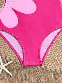 Baju Renang Terusan Motif Bunga Potongan Samping untuk Anak Perempuan, Modis, Cocok untuk Liburan di Pantai - Hot Pink - View 4