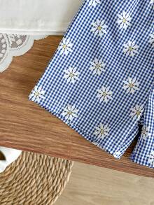 SHEIN BABY GIRL Summer Blue Set Textured Sleeveless Top Blue Plaid Shorts Decorated With Blue Bows Daily Outing Essential - Blue - View 7