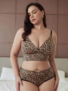 Slumbrini Conjunto de ropa interior estampada para uso diario y casual de tallas grandes - Marrón - Ver 4