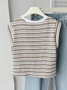SHEIN Tween Girls Tween Girl Casual Vacation Textured Striped Crew Neck Short Sleeve T-Shirt - Apricot - View 3