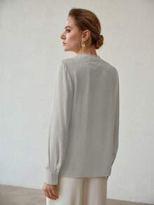 MOTF PREMIUM WOMEN'S ELEGANT LACE TRIM LONG SLEEVE BLOUSE - Light Grey - View 2