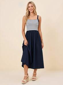 Coeurva Damen Mode Elegant Lässig Urlaub Romantisch Stretch Strick Gestreift A-Linie Weiß & Blau Kleid, Damen Country Musik Festival Outfit, Damen Sommerurlaub Date Pendeln Outfit, Damen Blaues Kleid - Blau - Übersicht 5