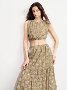 Aveloria Modichic Summer Hollow Embroidery Floral 3D Heavy Fabric Khaki Off-Shoulder Sleeveless Cropped Loose Top Patchwork A-Line Long Skirt Women's 2-Piece Set Sexy - Green - View 4