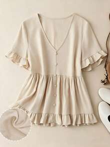 Linhara Plus Size Solid Color Linen Frill Trim Shirt, Flattering Summer Vacation Outfit - Beige - View 1