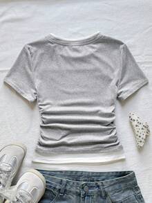 Tween Girls Knit Casual Colorblock Patchwork Fitted Waist T-Shirt With Small Logo Embroidery - Multicolor - View 6
