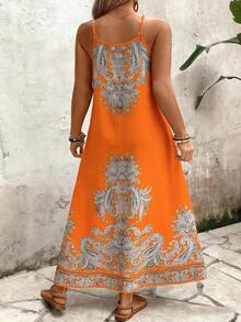 Breezaya Plus Size Women's Loose Casual Orange Floral Print Spaghetti Strap Dress,Summer Boho Vacation Holiday Bohemian Beach Beach Vacation Outfit Resort - Orange - View 2