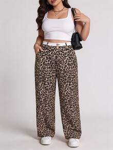 EMERY ROSE Plus Size Leopard Print Patchwork White Contrast Color Women's Straight Leg Casual Pants With Contrast Waistband, Vacation Office Commute Style Fall - Multicolor - View 4
