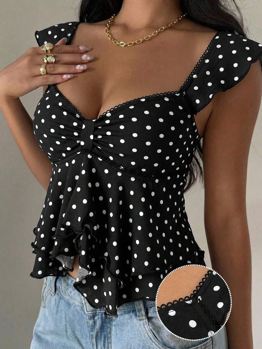 SHEIN EZwear 女款黑白波點休閒背心上衣 夏季適用 - 黑色 - 查看 1