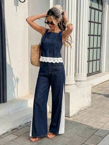 Serisse Ensemble décontracté en denim pour femmes avec gilet à col carré et pantalon - Bleu azur - Voir 9