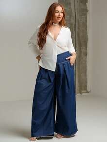 Lele Munniz Plus Size Front Button Closure Waist Cinched White Long Sleeve Shirt - White - View 3