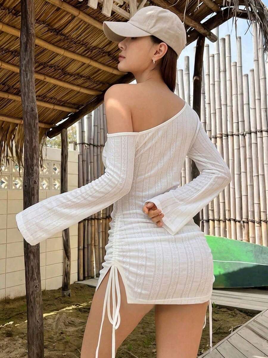 DAZY 女款夏季不對稱單肩抓皺綁帶沙灘罩衫,性感透視泳裝圍裙長袖 - 白色 - 查看 1