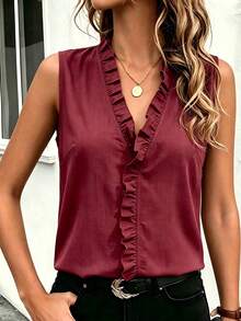 EMERY ROSE Women's Solid Color Ruffle Trim V-Neck Casual Elegant Sleeveless Blouse Vacation Burgundy Red Summer Brunch Date - Burgundy - View 8