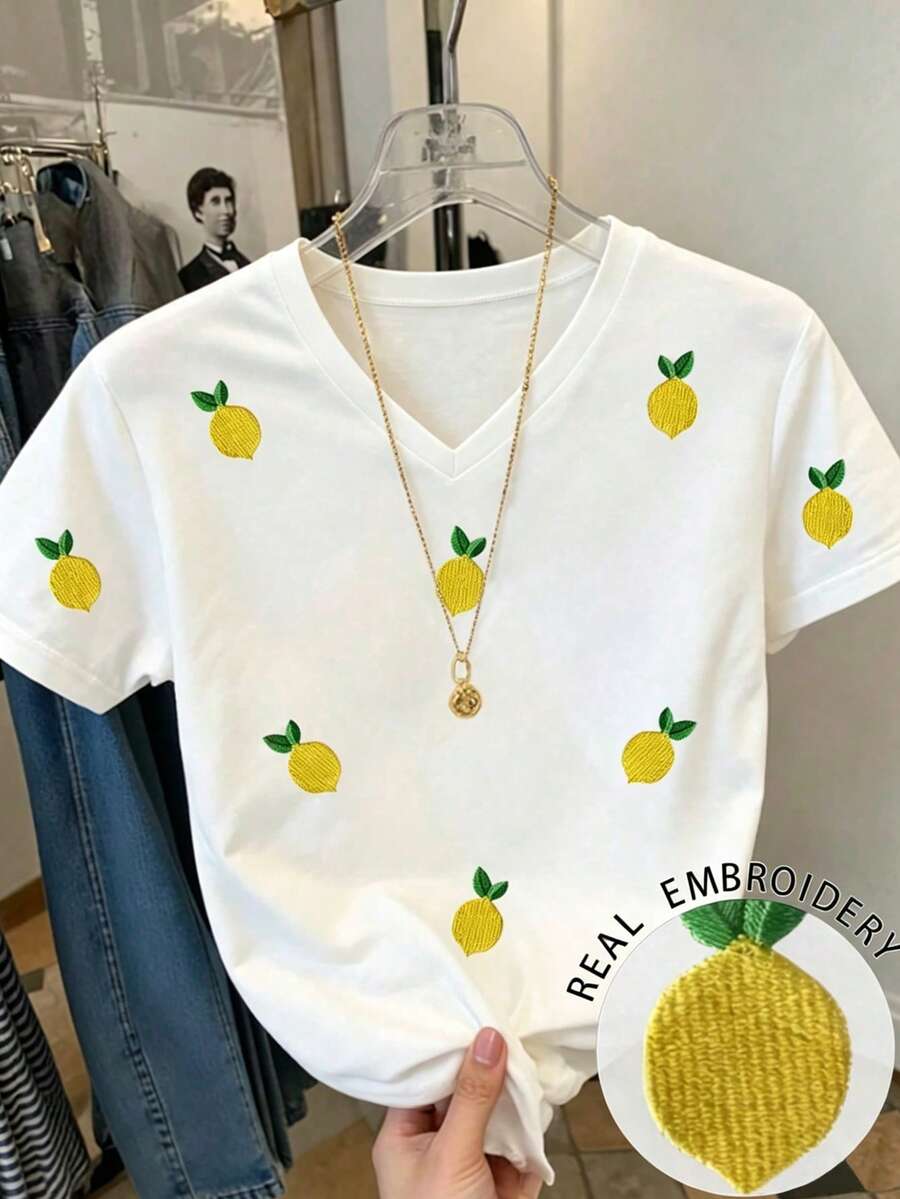 Resyla 女款夏季休閒檸檬刺繡T恤 - 白色 - 查看 1