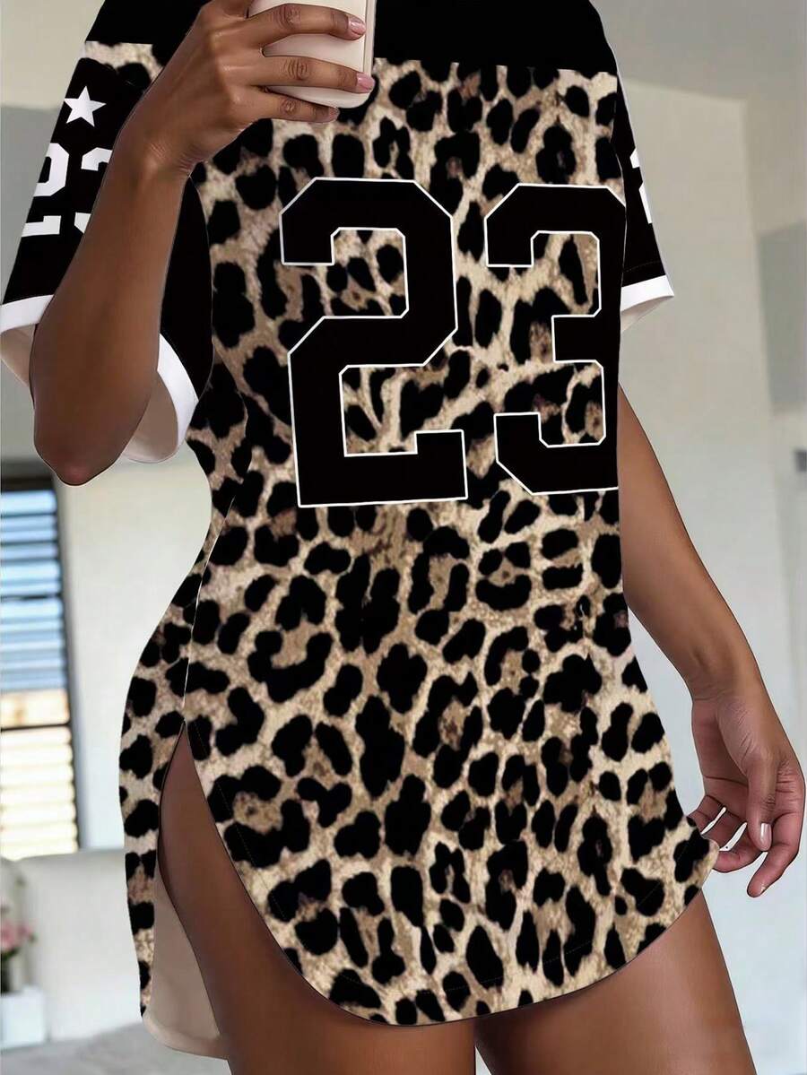 Maweii Leopard Print Digital Pattern Women's Casual Short Sleeve T-Shirt, Fashionable Style, Suitable For Commuting, Sports, Spring/Summer, Date Night Beige - Multicolor - View 1