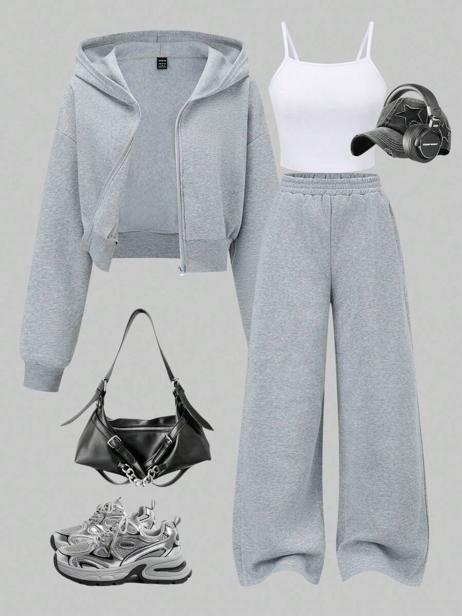 SHEIN Explorewe 3 件套女士休闲简约吊带背心、短款拉链连帽衫和阔腿裤套装，适合日常穿着女士休闲套装女士套装单色服装女士灰色休闲套装女士短款连帽衫和运动裤套装休闲家居服套装灰色两件套 - 彩色 - 查看 1