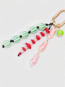 ROMWE Kawaii 1 Piece Spring Summer Dopamine Style Colorful Beaded Bag Keychain Pendant, Woven Rope Bag Charm, DIY Hanging Ornament - Pink - View 4