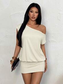 SHEIN PETITE Cutout One Shoulder Short Sleeve Mini Dress, Loose Top & Tight Bottom, Suitable For Young Ladies ,Petite Women - Apricot - View 3