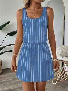 SHEIN LUNE Women's Casual Printed Short Dress Suitable For Spring And Summer - Blue - View 8