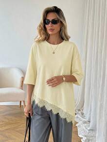 SHEIN LUNE Women's Casual Solid Color Asymmetrical Hem Lace Patchwork T-Shirt, Basic Everyday Wear For Spring & Summer - Apricot - View 5