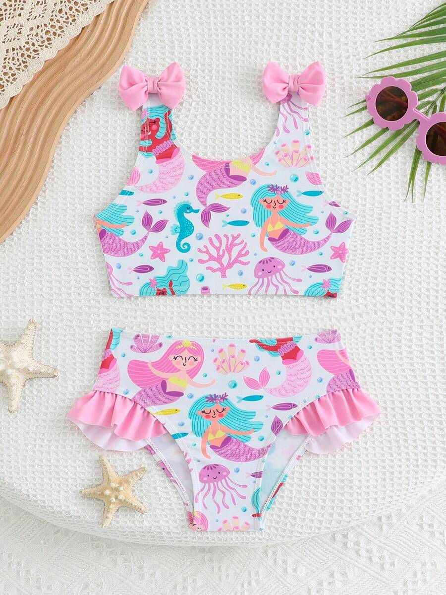 SHEIN Young Girl Beach Vacation Cartoon Mermaid Print Bow Decor Swimsuit Set - Pink - View 1