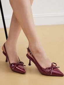 Eladyva Women's Pointed Toe Butterfly Knot Sandals, 7cm High Heel Roman Style Kitten Heel Shoes, Fairy Elastic Buckle Closure High Heels - Burgundy - View 8