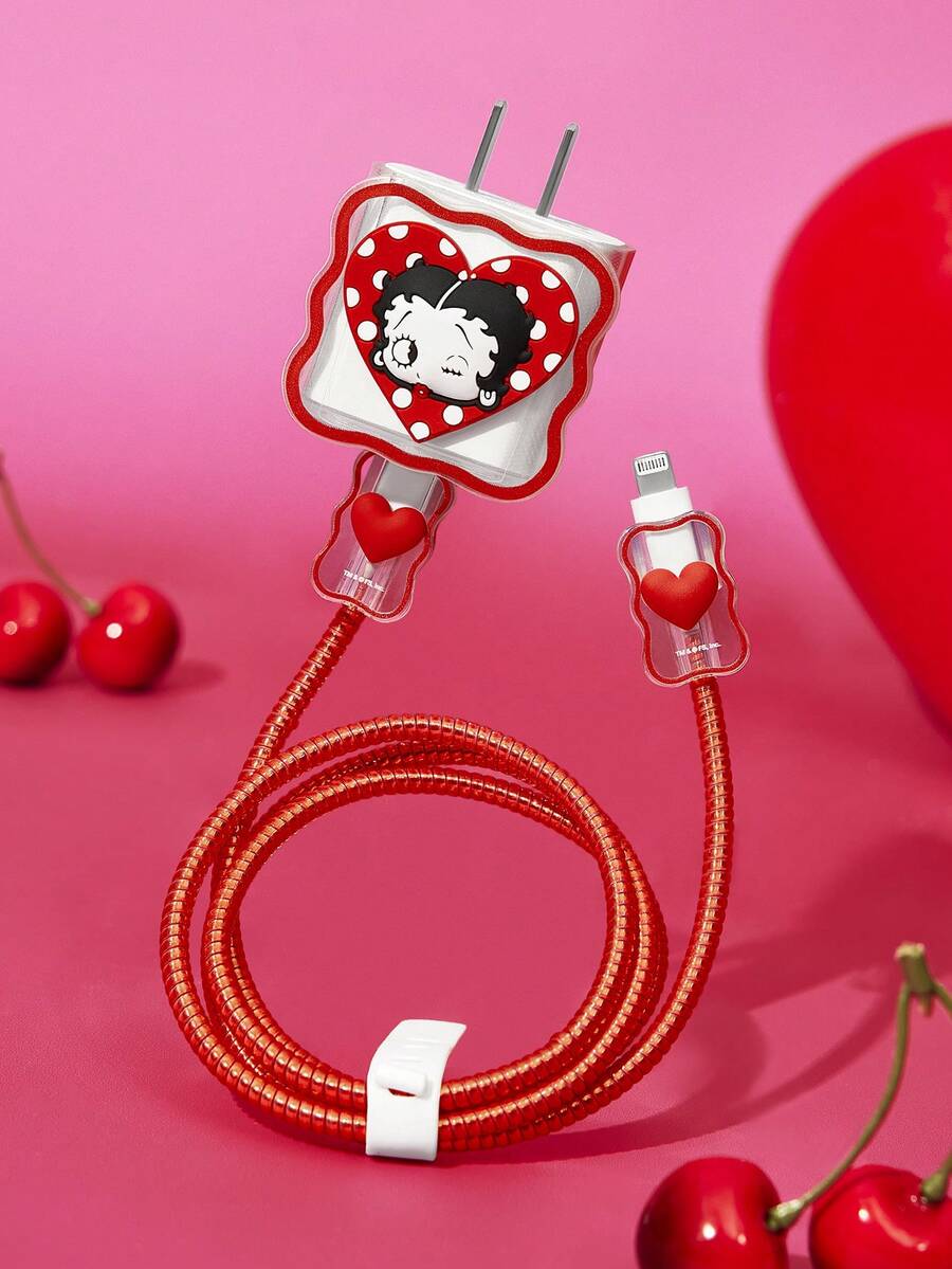 Betty Boop x SHEIN Data Cable Protector, Suitable For IPhone Charger, 4-Piece Set Of Mobile Phone Cable Protectors, Charger Protector (Excluding Data Cable) - Red - View 1