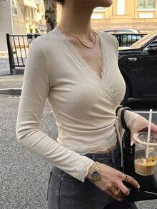 DAZY 春夏秋女款純色交叉領T恤校園風 - 米色 - 查看 4