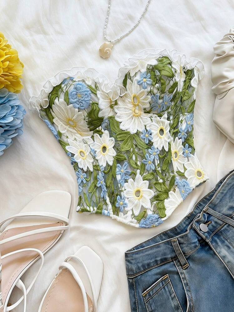 Soleia Áo quây nữ mùa hè phong cách ngọt ngào, vải jacquard phối ren, có gọng định hình - Nhiều màu - Xem 1