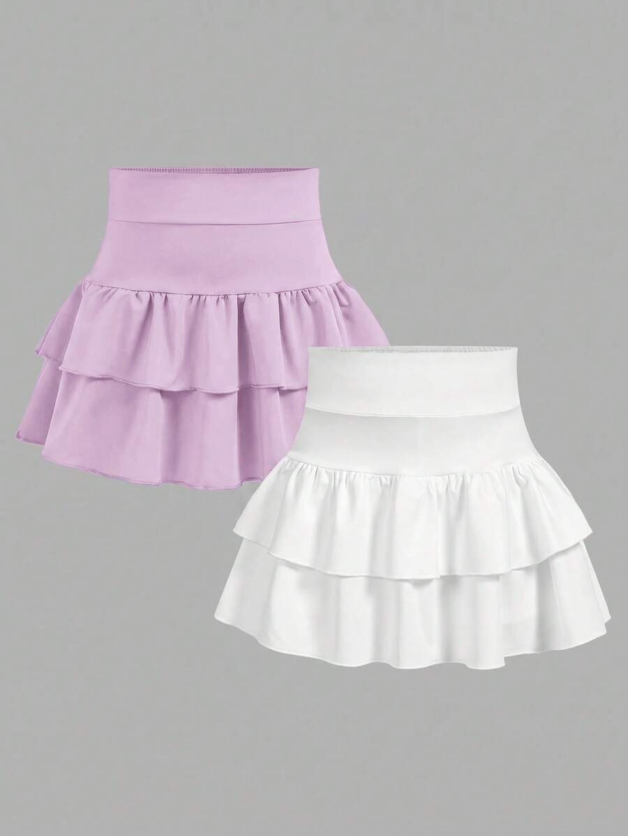 2 paquetes de minifalda de punto de unicolor con volantes en capas y pantalones cortos integrados para niñas preadolescentes, Y2K, niñas con personalidad de moda, regreso a la escuela - Multicolor - Ver 1