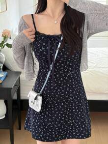 DAZY 女款純色長袖開襟外套與花卉細肩帶洋裝2件套 夏季 - 黑色 - 查看 2
