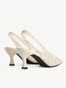 CUCCOO HITCHD صنادل كعب عالي بتصميم Slingback بمقدمة مدببة مطرزة بالزهور باللون الأبيض العاجي، كعب قطة فرنسي، كعب عالي منخفض الحافة قابل للتنفس مناسب للتنقل والمواعدة - لون مشمشي - مشاهدة 11