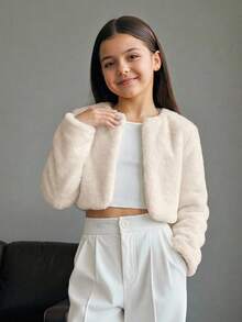 Firerie Kids Firerie Kids 青少年女孩秋冬款簡約人造毛皮大衣，適合派對與外出穿著 - 杏色 - 查看 5